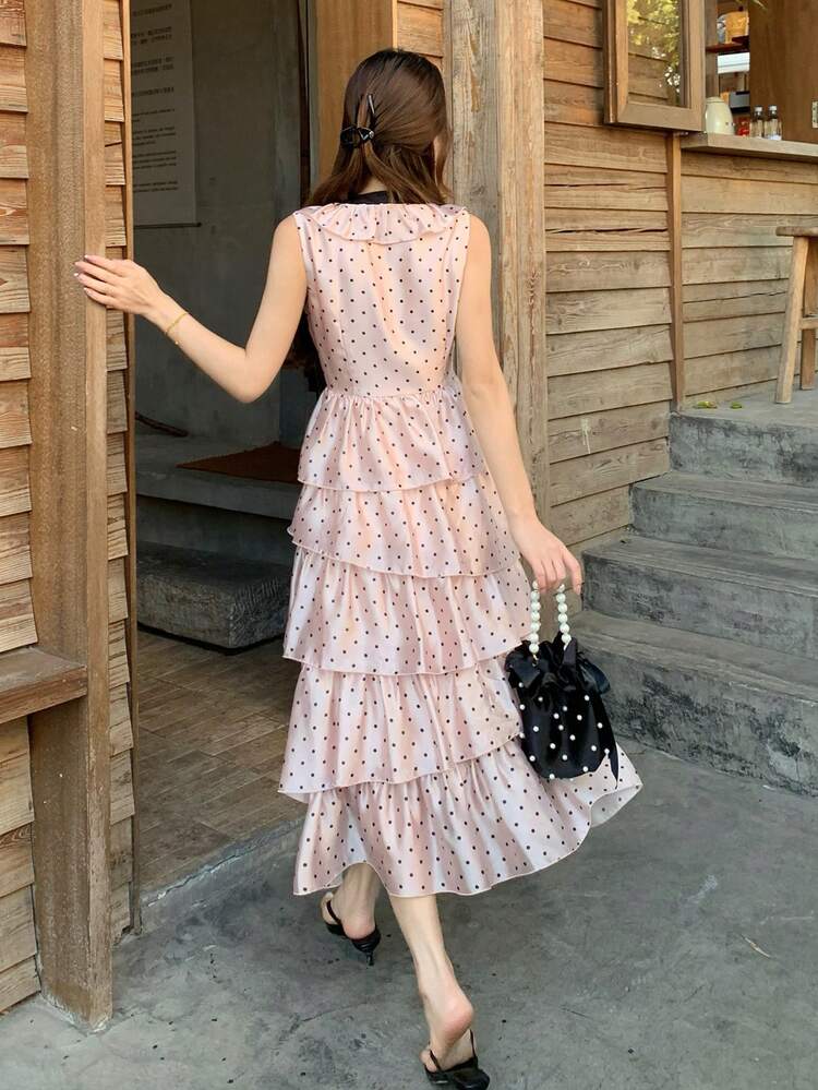 Women's V-Neck Polka Dot Korean Style Ruffle Bow Dress, Suitable For Birthday Party Sundress Boho