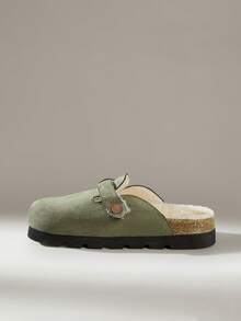 Solecia 新款金属扣麂皮平底女鞋，舒适绒面内里，休闲风格，适合日常出行和居家休闲穿着。 - 軍綠色 - 查看 3