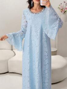 Yasmyna Elegantes Damen Kleid im arabischen Stil mit Spitze, Perlen und Glockenärmeln, Blau, Frühling/Sommer - Blau - Übersicht 5