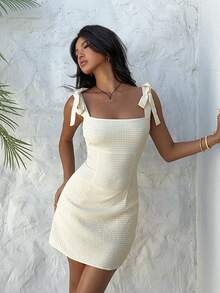 Aloruh 浅黄色格子迷你连衣裙，性感度假优雅Y2K露背紧身短裙 - 淡黃色 - 查看 5