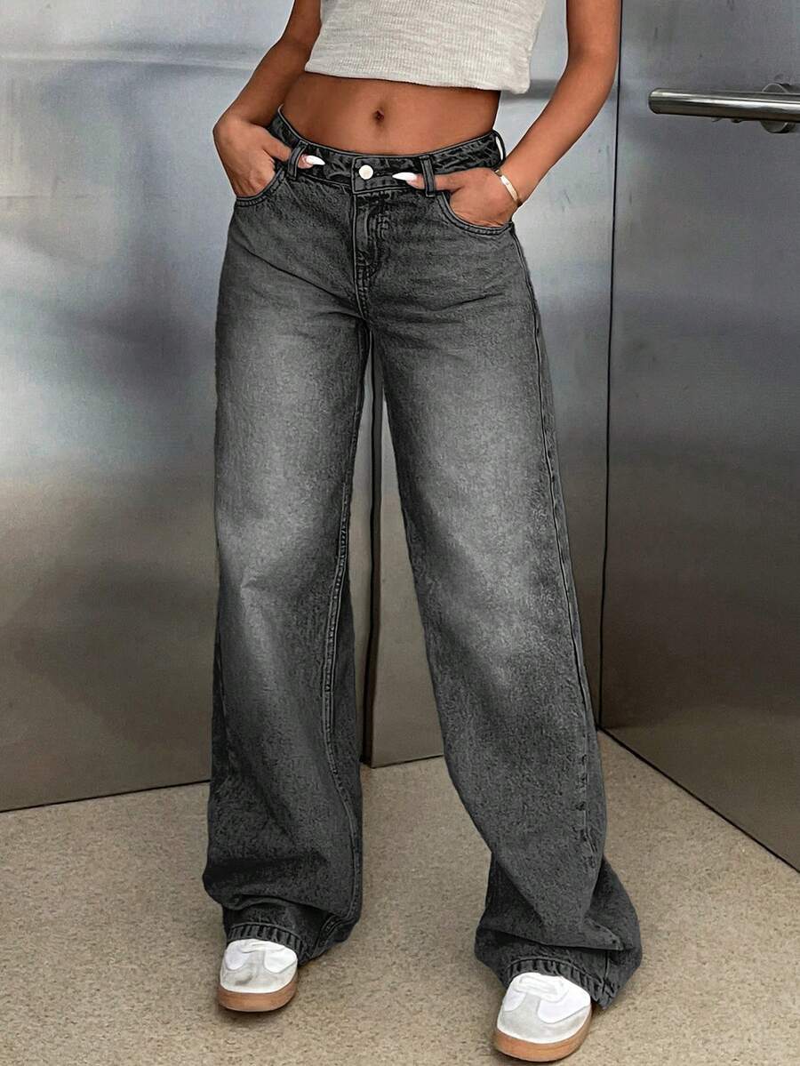 CasuGlow 100% Cotton LOW RISE WIDELEG CUT VINTAGE WASH Y2K STYLE JEAN - Black - View 1
