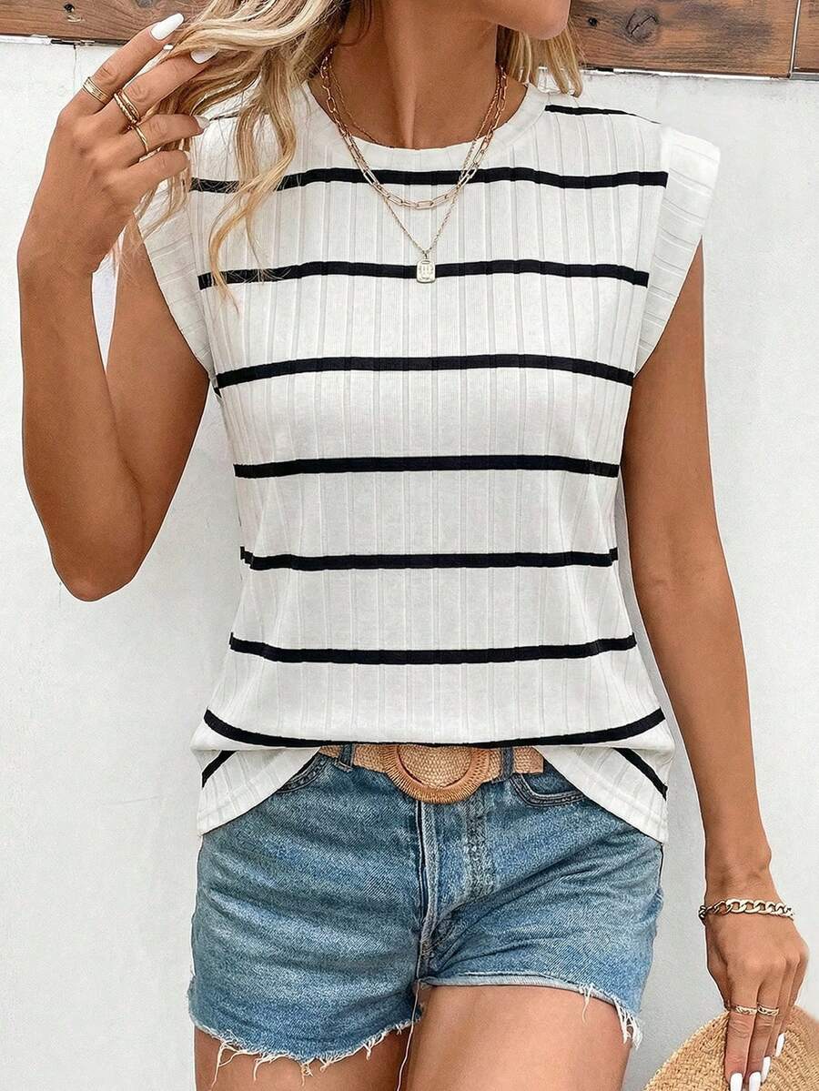 SHEIN LUNE Women's Round Neck Ribbed Print Ribbed Casual Versatile T-Shirt - Multicolor - View 1