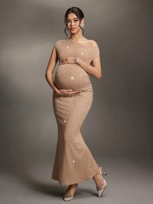 Cheriluna Maternity Maternity Solid Color Asymmetric Neckline Fitted Rhinestone Decor Photoshoot Dress - Apricot - View 3