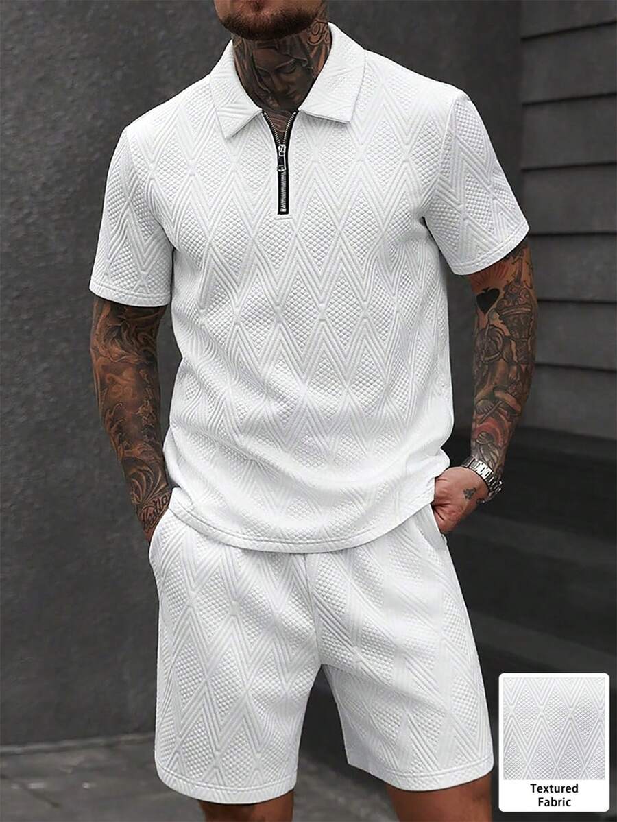 Manfinity CasualCool 男士时尚3D纹理休闲Polo衫套装，Polo衫组合，男士纹理短袖上衣和短裤，INS畅销夏季两件套休闲两件套男士夏季运动服拉链Polo衫两件套夏季套装，男士两件套白色服装，适合周末旅行、户外活动、探险旅行、轻松的工作环境或半正式场合，男友/丈夫礼物，周年纪念/生日礼物，派对暑假假期新年婚礼情人节