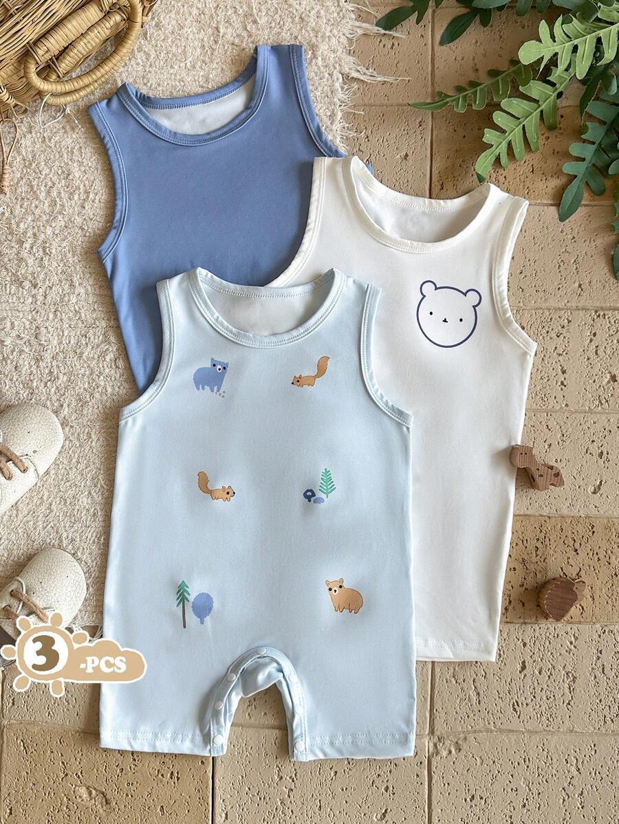 SHEIN Vintaside Kids 3件套婴儿纯色针织柔软圆领无袖连体衣套装,适合男宝宝/女宝宝 - 彩色 - 查看 1