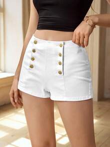 Selenza Women's Double-Breasted White Denim Shorts - White - View 3