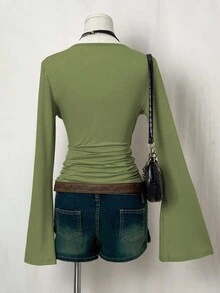 EgrlEra Áo thun dài tay bó eo tối giản màu trơn dành cho nữ, mặc hàng ngày - xanh quân đội - Xem 2