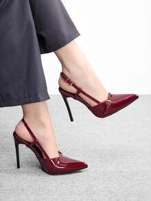 CUCCOO BIZCHIC 女士尖头露跟高跟鞋，性感细高跟户外通勤派对礼服鞋 - 酒紅色 - 查看 2