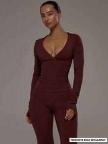 Musera Sport Áo thể thao tay dài hai lớp cổ chữ V, kiểu dáng quấn phía trước, thích hợp cho tập luyện thể thao, tập gym, pilates, thể dục, mặc hàng ngày hoặc mặc thường ngày. - Màu nâu Sô-cô-la - Xem 1