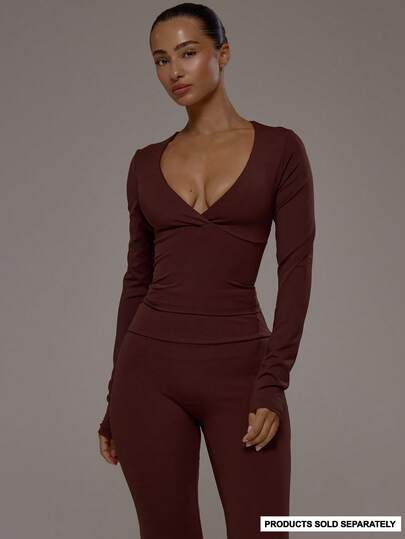 Musera Sport Wrap Front V-Neckline Doule Layered Long Sleeve Active Top Only Sport Workout Gym Pilates Fitness Daily Casual