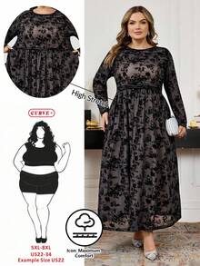 SHEIN CURVE+ Váy dài tay ôm dáng thoải mái, thanh lịch, sang trọng, thoải mái cho buổi tối hẹn hò đầu xuân cỡ lớn, nhà hàng cao cấp, đa năng, váy co giãn, váy dự tiệc, váy dạ hội, đám cưới/2026/năm mới - màu đen - Xem 3