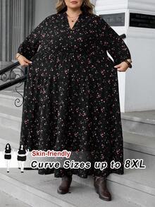 SHEIN CURVE+ CURVE PLUS /Valentine's Day/Plus Size Women Floral Print Flared Sleeve Loose Vacation Dresssummer/Country/Beach Vacation Outfits/Beach Outfits/Beach Wear - Multicolor - View 4