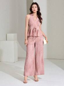 DAZY Women's Casual Floral Print Sleeveless Lapel Tie-Up Vest And Wide Leg Pants 2-Piece Set, Spring/Summer - Pink - View 3