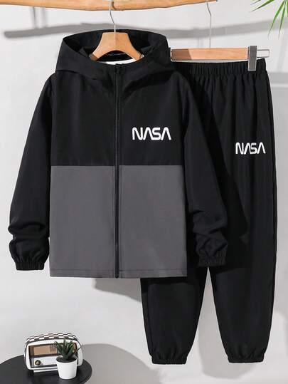 SHEIN Set de 2 piezas de chaqueta con capucha y pantalones deportivos informales con gráficos y colores contrastantes para niño preadolescente, adecuado para ir y venir, la escuela, uso casual, viajes, deportes, otoño/invierno