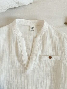 SHEIN 两件套男童夏季休闲度假可爱白色翻领短袖衬衫和条纹松紧腰短裤套装 - 彩色 - 查看 6