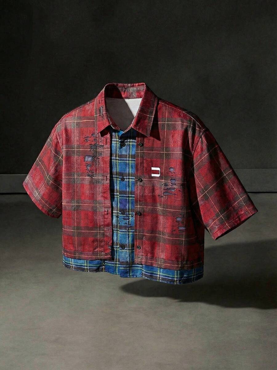 NEON BLANC Men's Contrast Plaid Short Sleeve Single-Breasted Casual Shirt - Multicolor - View 1