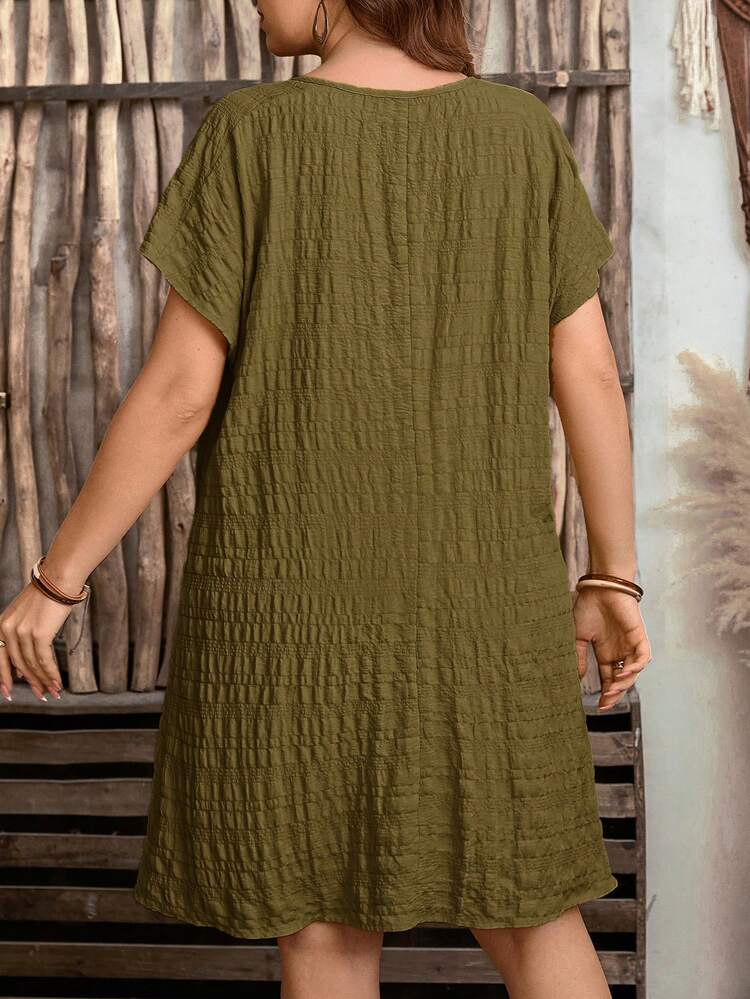 Plus Size Women V-Neck Short Sleeve Textured Casual Loose Dress For Summer/ Vacation Summer Outfits Summer Clothes  Spring  Spring Outfit Women Spring Clothes Beach Vacation Outfits For Women Bohemian  Rayon Dress Short Sleeve Summer Dress, Summer Dresses