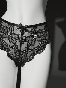 Women's Sexy Lace Heart Rhinestone Mid-Waist Regular Panties - Black - View 7