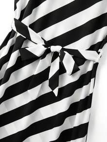 SHEIN Franclia 女士休闲时尚圆领插肩袖连衣裙，前系蝴蝶结条纹复古连衣裙 - 黑與白 - 查看 3