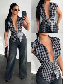 SHEIN SXY Women's Sexy Plaid Short Sleeve Shirt,Going Out ,Casual  ,Summer ,Spring , - Multicolor - View 6