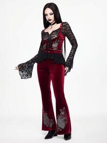 ROMWE Gothic Heart & Floral Embroidery Velvet Women's Set - Burgundy - View 4