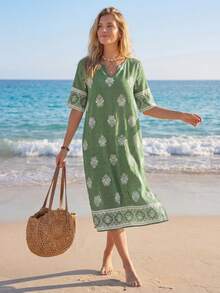 Sylviya 女士度假休闲印花中长连衣裙 绿色夏季连衣裙 女士短袖夏季连衣裙 女士度假连衣裙 - 綠色 - 查看 3