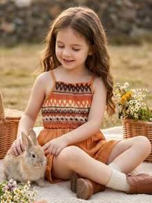 SHEIN Vintaside Kids Young Girl' Retro Style Jumpsuit - Orange - View 1