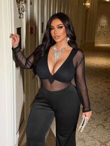 NU&NOW Bộ jumpsuit dài tay ren cổ chữ V sâu gợi cảm dành cho nữ cỡ lớn - màu đen - Xem 4