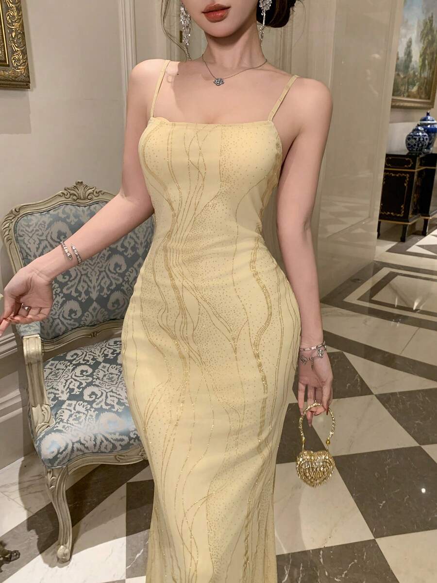 DAZY Sequin Bodycon Mid-Length Dress For Women, Party/Banquet Summer Maxi Dress Sundress Cocktail Dress - Apricot - View 1