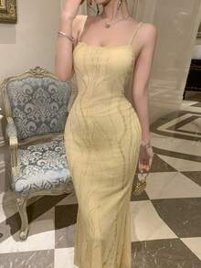 DAZY Sequin Bodycon Mid-Length Dress For Women, Party/Banquet Summer Maxi Dress Sundress Cocktail Dress - Apricot - View 3