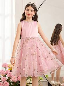 SHEIN Tween Girl Elegant Round Neck Sleeveless Solid Color Patchwork 3D Floral Mesh Fabric Dress Tween Girl - Baby Pink - View 4