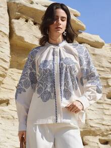 Dazy-Less 女士印花插肩袖单排扣衬衫，度假装 - 杏色 - 查看 3