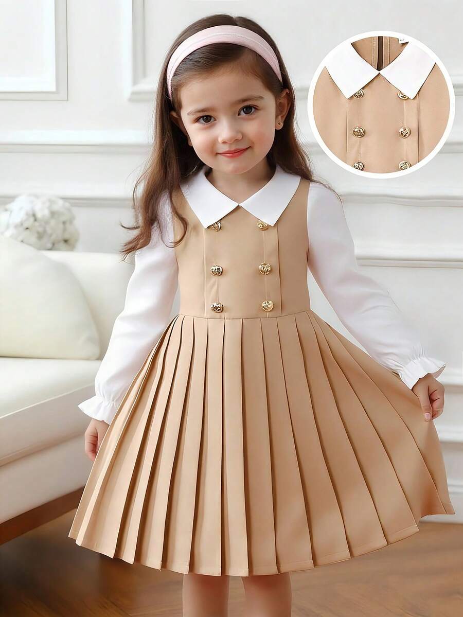 SHEIN Elladie kids 女童藏蓝色彼得潘领双排扣褶裥下摆长袖两用连衣裙，适合休闲、优雅、通勤、校园等场合。