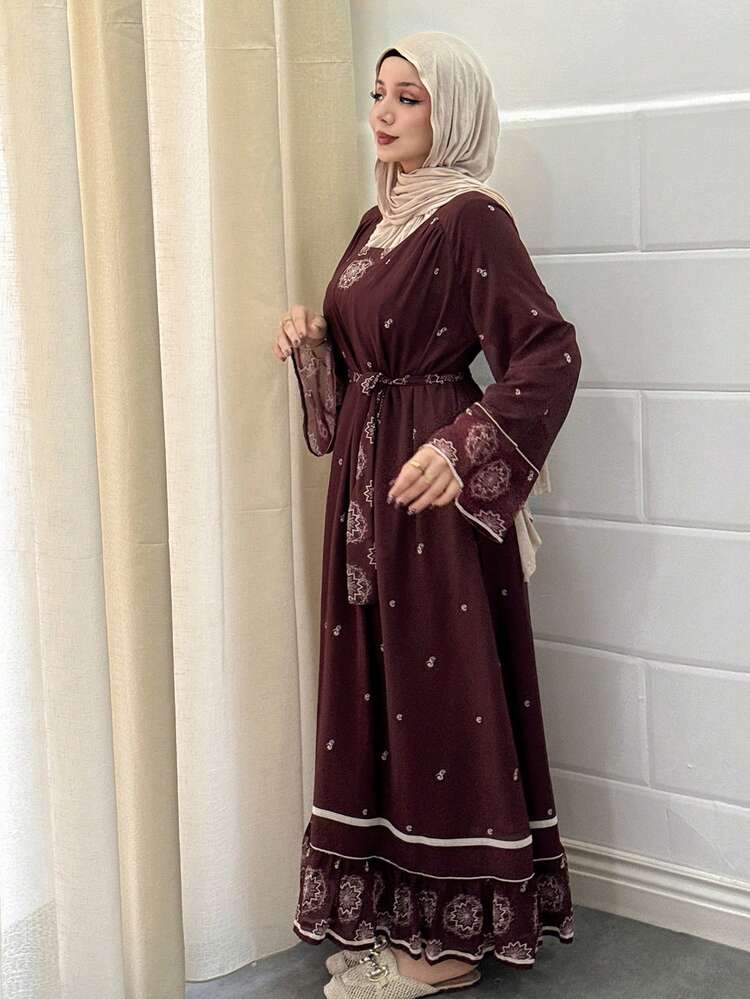 Print Loose Long Flare Sleeve Belted Elegant Dress For Women, Suitable For Spring/Summer Vacation Sundress