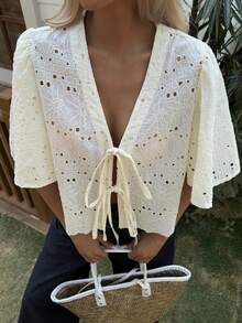 Women's Solid Color Textured Embroidered Loose Short Flare Sleeve Tie Front Casual Holiday Spring/Summer Blouse Boho - Apricot - View 5