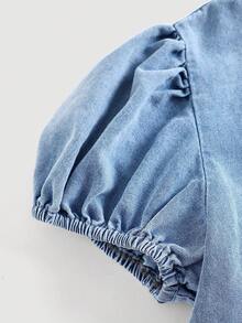 SHEIN 2pcs Teens Girl Casual Comfy Round Neck Puff Sleeve Bowknot Blouse & Shorts Denim Set,Girls Summer Two Pieces Outfits,Suitable For Spring And Summer Wear, Elegant And Holiday Wear,Spring Break Summer Beach Vacation Wear,Summer Short,White Short - Light Wash - View 4