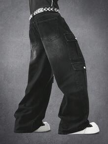 Manfinity EMRG Quần jeans nam dáng suông, ống đứng, rộng rãi, màu đen, phong cách hip hop đường phố. - màu đen - Xem 2