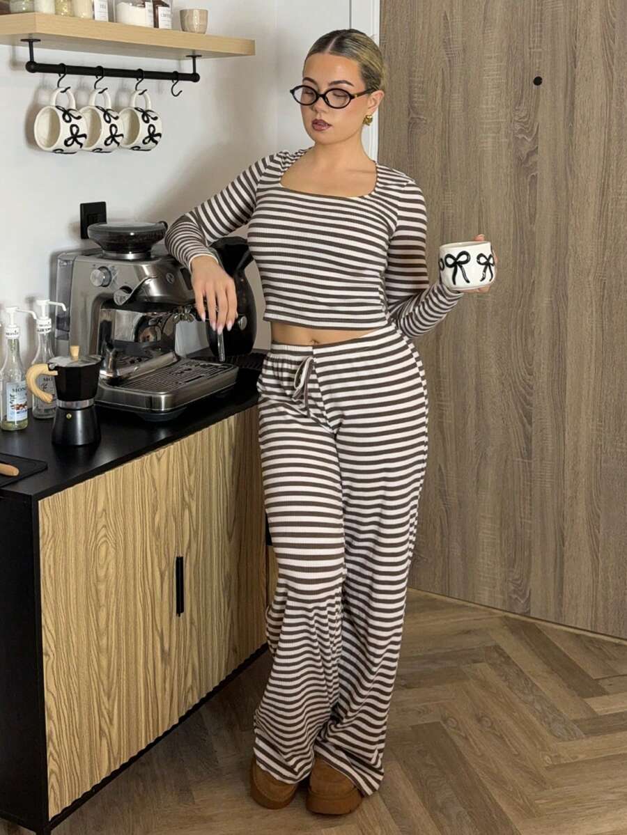 Bethéva 女式条纹简约长袖上衣和系带阔腿裤休闲两件套服装 - 彩色 - 查看 1