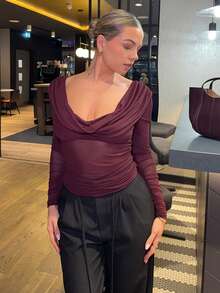 Bethéva Áo lưới tay dài cổ khoét sâu màu trơn thời trang cho nữ, áo lưới xuyên thấu, áo dài tay - Màu Đỏ Sâu - Xem 6