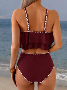 Swim Lushoire 2pcs Springbreak Ruched Contrast Color Trim High Waist Bikini Set, Pleated Waist For Beach Holiday - Burgundy - View 2
