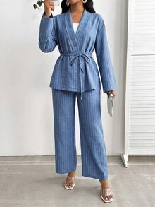 SHEIN Lady 女士条纹长袖上衣和裤子两件套 - 藍色 - 查看 3