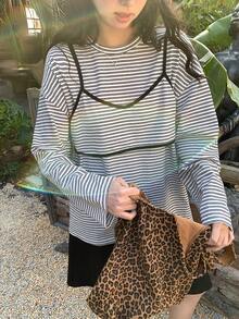 DAZY Women's Striped Round Neck Long Sleeve T-Shirt With Layered Camisole, 2-Piece Korean Style Set - Black and White - View 4