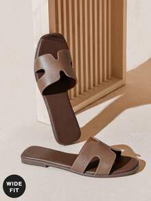 SHUZIA Wide Fit Women's Luxe-Inspired Harness Cutout Open Toe Minimalist Palm Print Pu Dark Olive Slides-Plus Size Comfort For Christmas - Olive Green - View 1