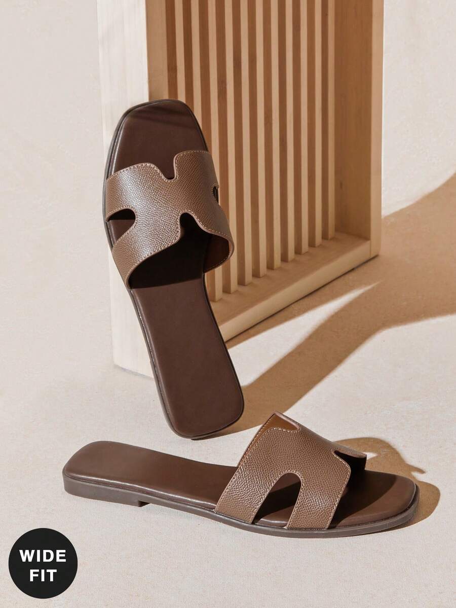 SHUZIA Wide Fit Women's Luxe-Inspired Harness Cutout Open Toe Minimalist Palm Print Pu Dark Olive Slides-Plus Size Comfort For Christmas - Olive Green - View 1