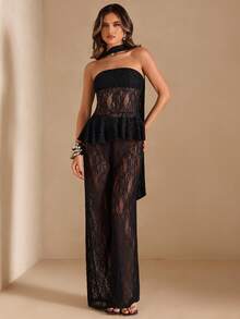 SHEIN BAE Black Lace Bandeau Flared Top & Sheer Lace Pants Sexy 2 Pieces Set, Spring/Summer Sexy Black Lace 2 Pieces Set Lace Two Piece Set - Black - View 3