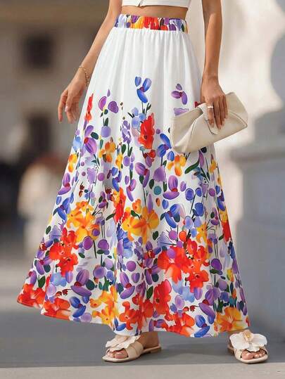 Balvessa Floral Print Elastic Waist Loose Flowy Skirt, Fashionable & Elegant For Women