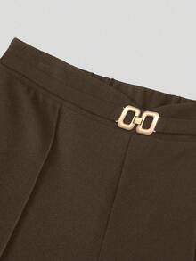 Sweetra Petite 小码女式通勤极简针织弹力纹理面料金属装饰腰部修身裤 - 摩卡棕 - 查看 4