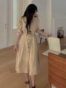 DAZY Đầm dài tay dáng midi kiểu cổ điển có ve áo và thắt eo, thích hợp cho nữ. - Màu Khaki - Xem 3