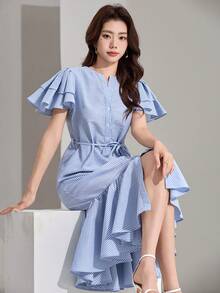 DAZY Women's Elegant Striped Ruffle Waist Midi Dress, Summer - Blue - View 3