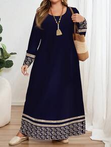 EMERY ROSE Classic Geometric Print Plus Size Long Sleeve Round Neck Dress, Suitable For Autumn/Winter - Multicolor - View 4